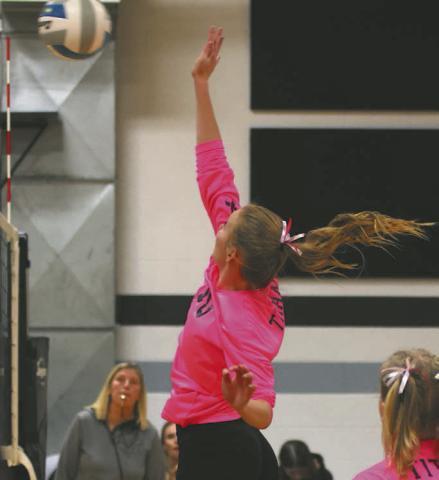 Easton Larson goes for a kill against the Wildcats in Edinburg on Tuesday of last week.