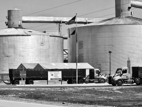 Trucks go in and out of the American Crystal Sugar beet processing plant at Hillsboro, N.D., on May 4, 2025. Jeff Beach/North Dakota Monitor