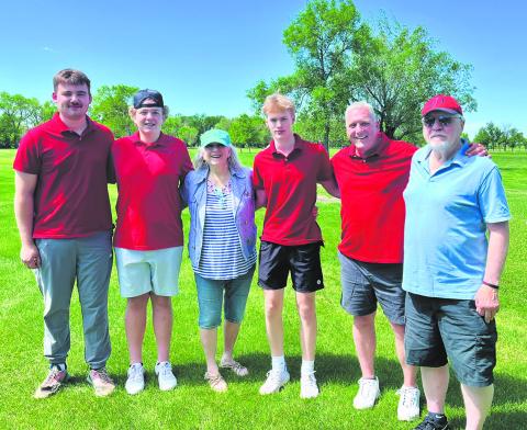 The Aasand family was a Gold Sponsor of the golf scramble. Half of the proceeds will go toward the Steve Aasand Scholarship fund. Pictured here (L to R): Rocco Hepokoski, Lincoln Aasand, Marlene Aasand, Thomas Aasand, Mike Aasand, and Dale Aasand.