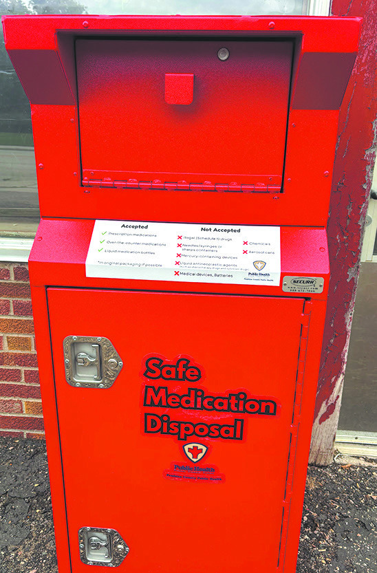 The medication take back box is located in front of the former Hillier Tire building on Main Street. Photo by Andrea Johnston