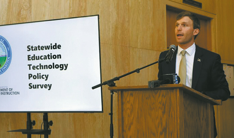 Superintendent of Public Instruction Levi Bachmeier speaks about a statewide education survey on student technology use during a press conference on May 28, 2026. (Photo by Michael Achterling/North Dakota Monitor