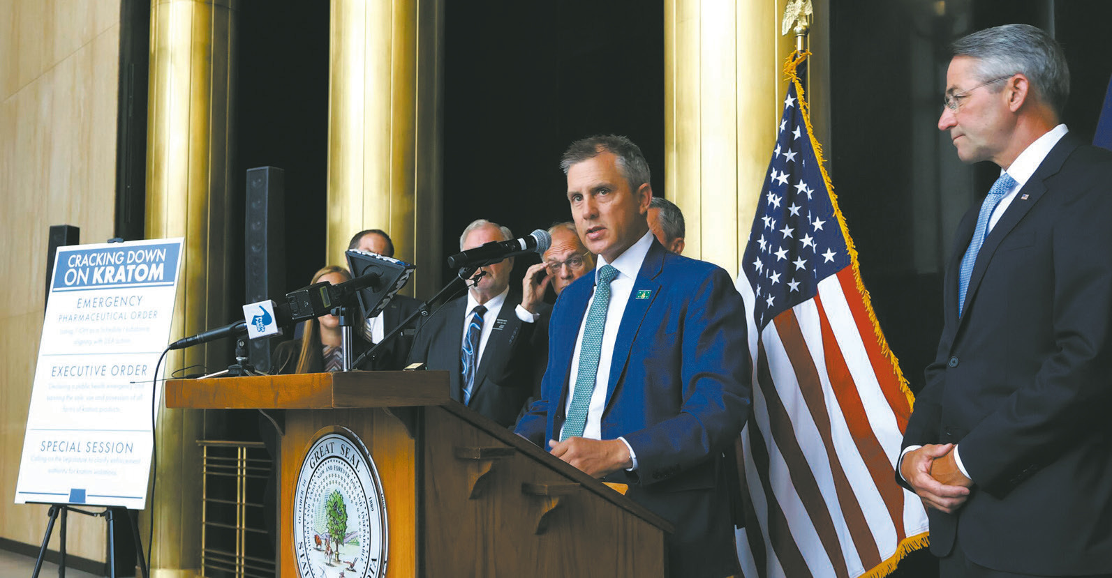North Dakota Gov. Kelly Armstrong speaks during a press conference after announcing actions to restrict kratom in North Dakota on Aug. 3, 2026. (Photo by Michael Achterling/North Dakota Monitor)