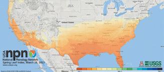 As of March 28, this map indicates the progression of spring as shown by the first leaf spring index. (Photo by USA National Phenology Network)