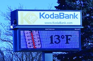 Below freezing temperatures can be read on the electronic sign most mornings. VNV Photo by Lesa Van Camp