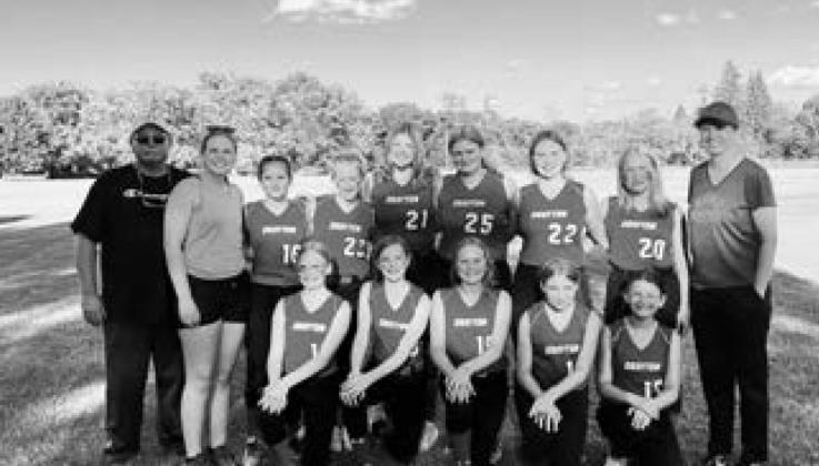 18u Softball Team: Back row: Coach Wayne Stegman, Coach Kasey Stegman, Taylor Hermanson, Olivia Winge, Alyvia Quibell, Aly VanCamp, Aleah Pokrzywinski, Reece Fering, and Coach Kerri Stegman. Front row: Nulla Thompson, Hailey Uggerud, Reegan Aasand, Kennedy Staskivige, and Maia Hermanson.
