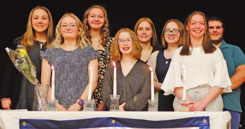 Members of the National Honor Society pictured left to right: Hailey Berg, MacKenzie Guss, Kayli Staskivige, Siobhan Kissee, Kiara Aasand, Jordie Praska, Kelsi Staskivige, and Bradin Dalzell. VNV Photo by Lesa Van Camp