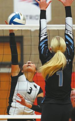 Senior Raelyn Knutson prepares to send the ball over the net. Photo by Larry Stokke.