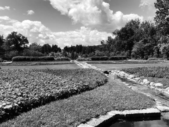 A waterway marks the international border in the formal garden. NDSU photo.
