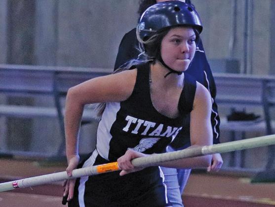 Brooke Gullickson makes her approach during the pole vault event at the Pembina County Indoor Track Meet in Grand Forks last Saturday afternoon. VNV Photo by Lesa Van Camp