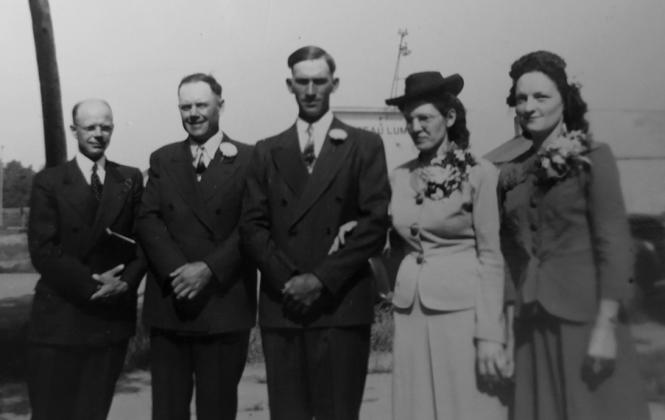 Pastor Sumner Williams, Harold Johnson, Robert Van Camp, Edith Parker Van Camp, and Catherine Stellon at the Bowesmont Methodist Church on July 22, 1944. Submitted photo