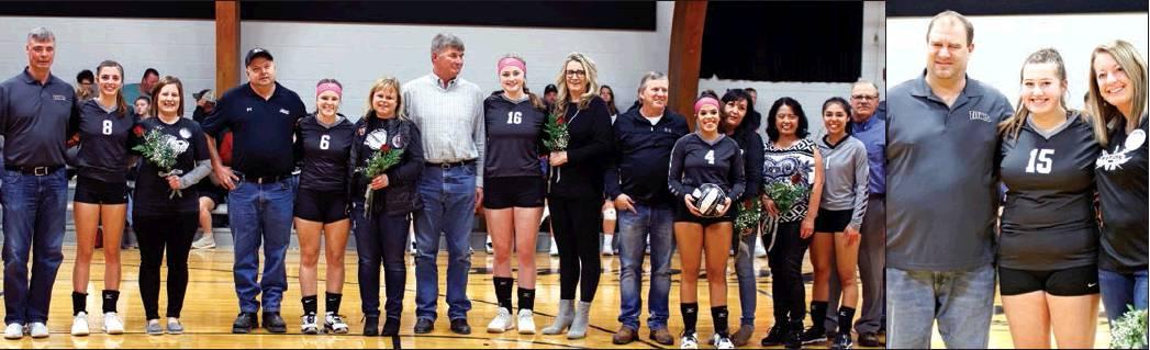 Titans Volleyball Senior players with their parents last Monday night in the Crystal gym. Pictured left to right: Bryan, Emilee, and Stacey Reilly, Darrel, Kaylee, and Kari Pastorek, Mark, Maria, Janne Myrdal, Bernie Kringstad, Jaiden, and Leigh Kringstad, Noela , Grace, and Bob Kertz, Jeff, Hailey, and Jenny Hurtt. VNV Photos by Lesa Van Camp