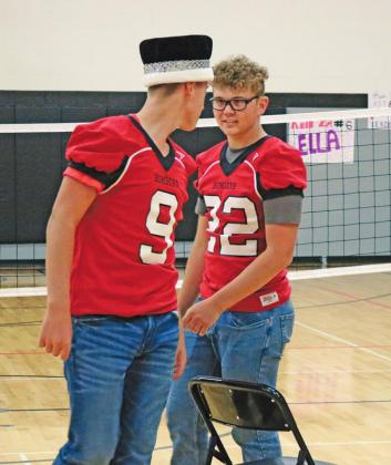 Pictured left: And then there were two. The football players participated in musical chairs during the Homecoming pep rally Friday afternoon. The two left fighting for the last chair were Damian Pokrzywinski and Nick Van Camp. Photo submitted by Drayton Public School