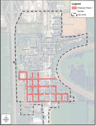 Phase one, shown in red is where the construction will begin. Phase two is the remaining streets and utilities underneath them with construction expected in 2027-2028. Phase three is the final phase and includes the sanitary sewer relining in the alleys. Photo courtesy of Moore Engineering