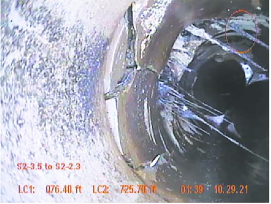 A broken sewer pipe in Drayton viewed from the inside. If it should collapse residence could see sewage backup. There is also outside water infiltrating which could overwhelm the pump station. Photo courtesy of Moore Engineering
