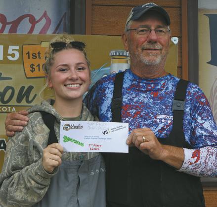 Charli Flesch, left, and Jim Flesch, right of Team 58 took second place in the 2026 Drayton Catfish Capital Tournament with a two-day total of 74.47 pounds. The team weighed in 37.99 pounds on Day 1 and 36.48 pounds on Day 2. Photo by Rebecca Davis