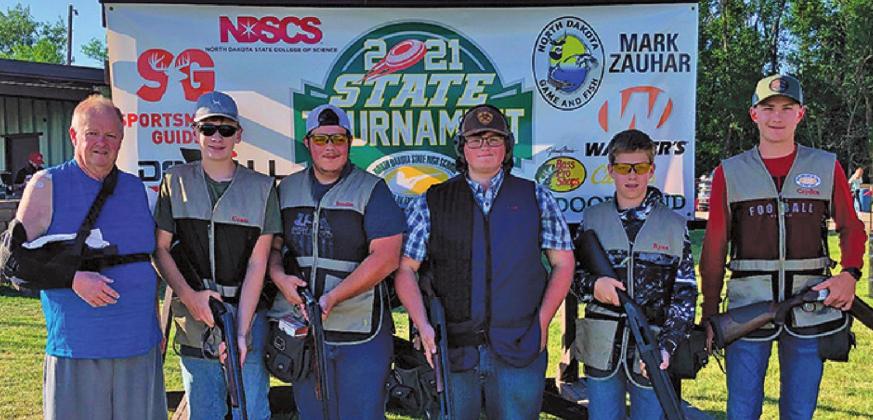 Pictured left to right are the Trapshooting Team at the State Tournament in Horace, ND: Coach Leland Bratlie, Grant Vold, Bradin Dalzell, Cole Wilson, Ryan Corrick, and Cayden Quibell. Not Pictured: Leif Hatloy. Picture submitted