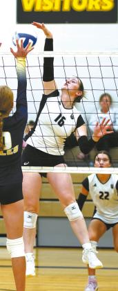 Ingrid Myrdal goes up for the attack against North Border during the Titans’ 2-0 win over the Eagles at the Northern Cass Invitational Saturday, Aug. 29. Photo by Larry Stokke