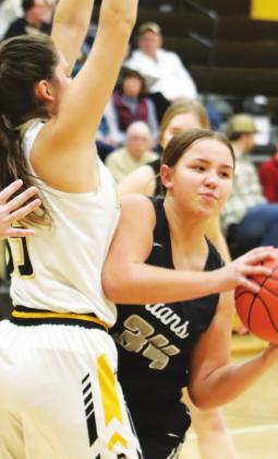 Hailey Berg looks for an open team mate in action at Park River. VNV photo by Lyle Van Camp