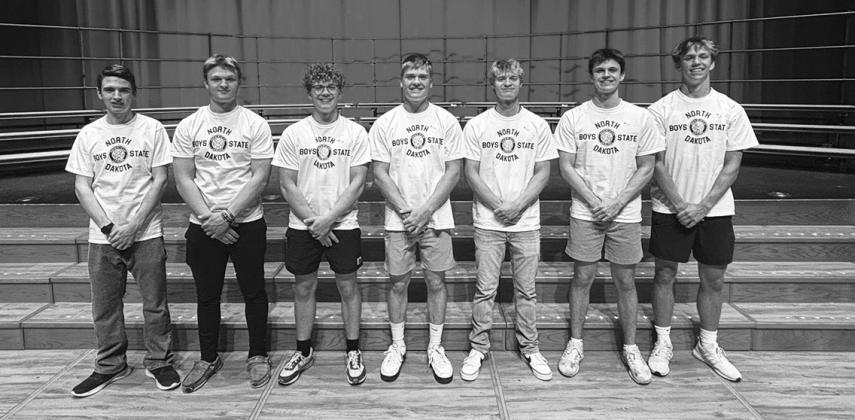 2024 Boys State Elected Officials Front row (L to R): Treasurer Joseph Gourde, Harwood; Agriculture Commissioner Andrew Zikmund, Park River, Lieutenant Governor Griffin Olson, Fargo; Governor Rhett Lindell, Park River; Secretary of State Jakoby Lewis, LaMoure; Attorney General Benjamin Guthmiller, Bismarck; Superintendent of Public Instruction Andrew Jean, Hankinson.