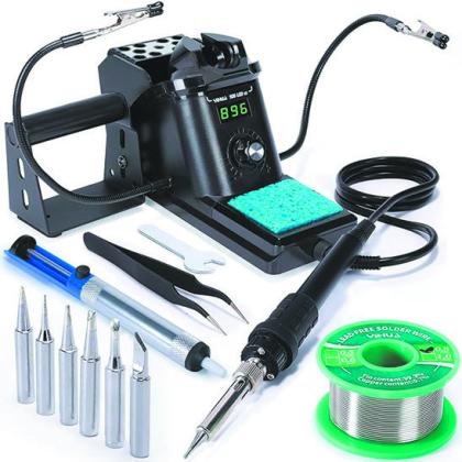 12-in-1 – This digital display soldering iron kit includes the YIHUA 926 III Soldering Station, 2 Helping Hands, 6 Soldering Tips, a roll of lead-free solder wire (35g), soldersSucker, ESD safe tweezers, solder wire dispenser, and a cleaning sponge. Manufacturer photo