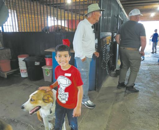 Elijah De Sousa finds a new friend in Timber at Blazin’ Saddles Club. Clint Van Camp and Mark Tungseth are in the background observing horses being saddled. Submitted photo