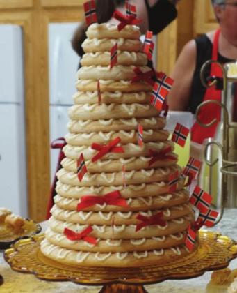 This Norwegion wedding cake was one of the featured dessert items at Skjeberg Lutheran Church on Saturday evening. VNV photo by Lyle Van Camp.