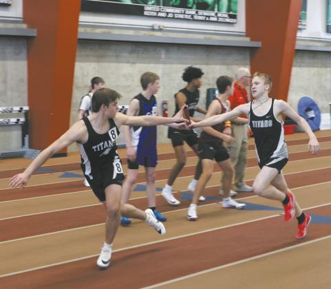 The DVE boys took 2nd in the Mens 4X300 relay. Relay members included Carter Johnson, Shawn Patterson, and Benedict Burrell, pictured passing the baton forward to Teddy Otto. Photo by Jamie Rarick