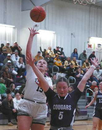 Aleah Pokrzywinski drives into the lane and drops in a basket. Photo by Larry Stokke