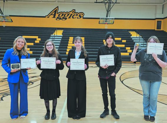 All-Region Team: Ava Olson, Senior Speaker of the Year (Hatton-Northwood), Vangie Larson (Grafton), Charlie Johnson (Hillsboro), Ayden Hjelmstad (Hillsboro), and a stand-in for Jacob McClenahan (May Port CG) as he was unable to be present for the awards. Photo by Jamie Rarick