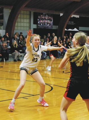 Titan defender Peyton Larson watches for the pass in play against North Star on Feb 7. Photo by Jamie Rarick