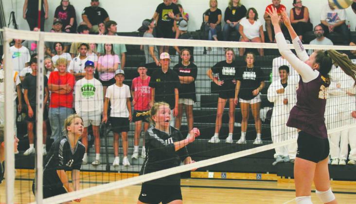 Sophomore Easton Larson follows through as her spike gets past the block of Grafton’s Addison Frederickson.