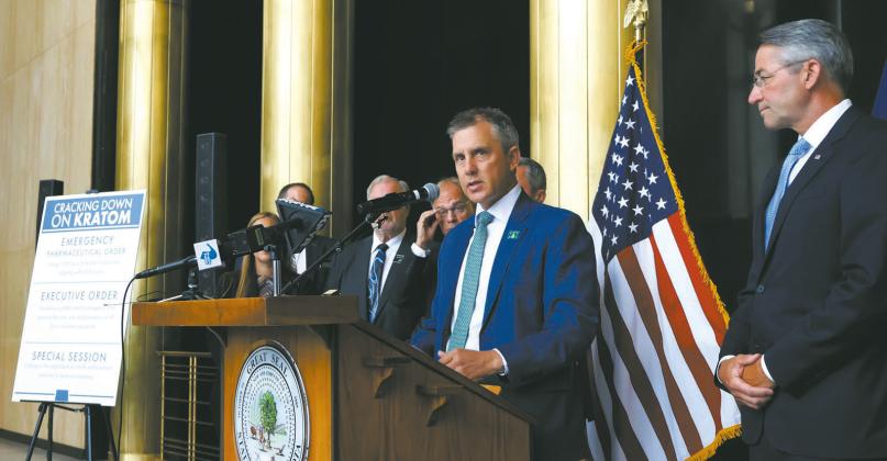 North Dakota Gov. Kelly Armstrong speaks during a press conference after announcing actions to restrict kratom in North Dakota on Aug. 3, 2026. (Photo by Michael Achterling/North Dakota Monitor)