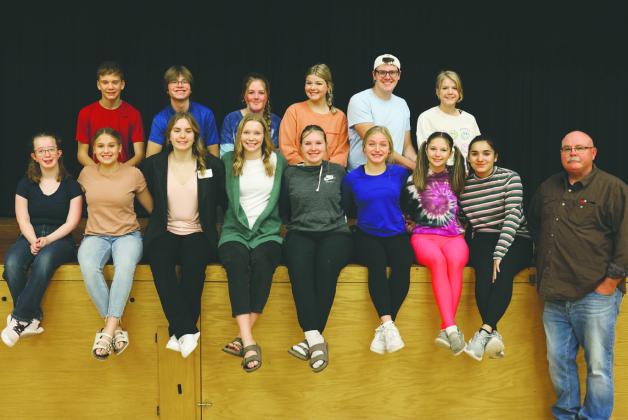 Back row: Quinn Passa, JJ Knudson, Lauren Peterson, Alyvia Quibell, Ian Peterson, and Alyssa Hoyles. Front row: Siobhan Kissee, Claire Thompson, Kiara Aasand, Easton Larson, Rylee Maurstad, Reese Fering, Taylor Hermanson, Justyce Wallery, and Director Wayne Stegman.