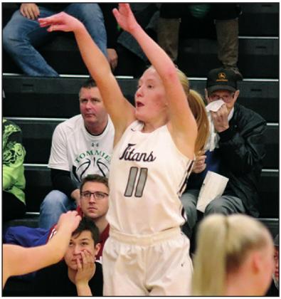 Meghan Lorton puts up a three late in the game against Thompson in Drayton on Monday night. VNV Photo by Lesa Van Camp