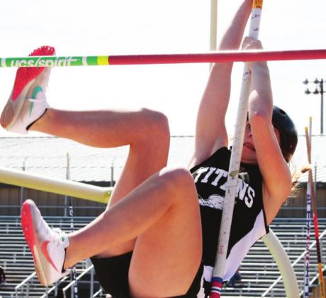 Easton Larson concentrates as she clears the bar in the pole vault Monday afternoon May 23rd. VNV photo by Lyle Van Camp