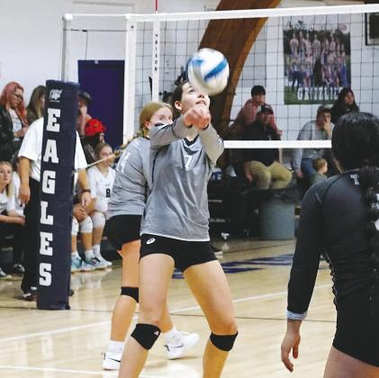Elizabeth Fedje bumps the ball back over the net against the NB Eagles. Photo by Larry Stokke.