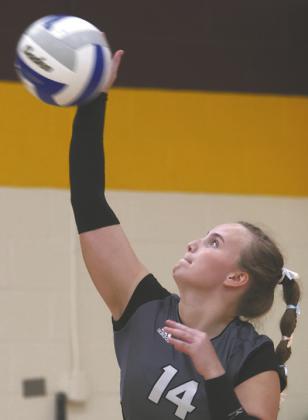 Aleah Pokrzywinski focuses on her serve in action against H-CV. Photo by Lyle Van Camp