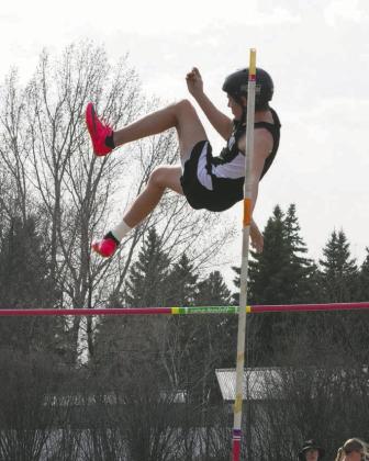 Harley Hilde pulls off a 10 foot vault at the Langdon Invitational. Photo by Larry Stokke.