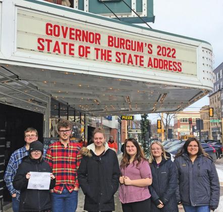 DHS Government Class standing in front of the historic Fargo Theater. Pictured left to right: Jordie Praska, Cole Wilson, Nick Van Camp, Kayli Staskivige, Ariaunna Larocque, Mackenzie Guss, and Aaliyah Lorenzen. Photo provided by Drayton Public School