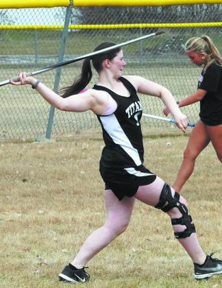 Hannah Myrdal at the Langdon Invitational set her javelin to flight for over 74 feet. Photo by Larry Stokke