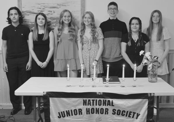 Members of the 2023-2024 National Junior Honor Society; from the left, Lucas De Souza, Violet Hoyles, Reegan Aasand, Peyton Larson, Jonah Rarick, Melissa De Souza and Hailey Uggerud. Photo by Lyle Van Camp.