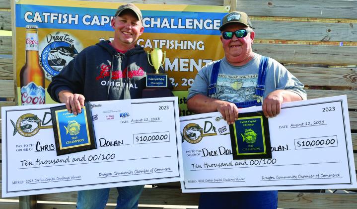 Your 2023 Catfish Capital Challenge winners: Chris and Dick Dolan. This is the second time in a row the father/son duo have won the tournament. Photo by Rob Boll.