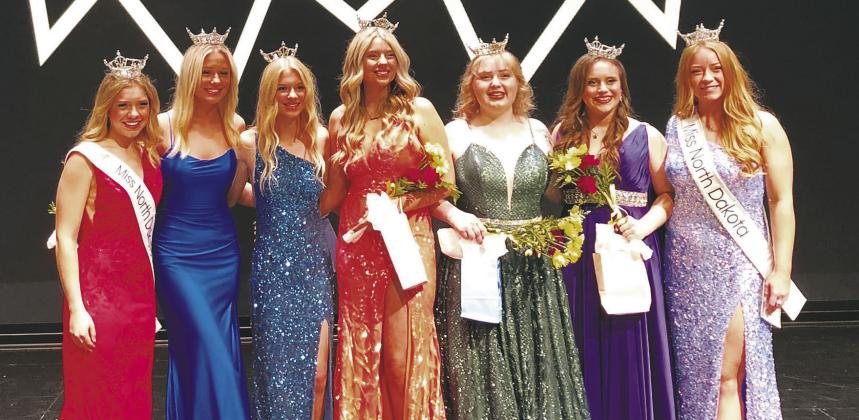 Pictured left to right are Olivia Rossland, Miss North Dakota's Outstanding Teen 2022; Kyla Andvik, Miss SummerFest 2022; Grace Butler, Miss SummerFest's Outstanding Teen 2022; Cylee Walton, Miss Walsh County Fair 2022; Becca Simmon, Miss Heart of the Valley 2022; Bethany Dreffs, Miss Heart of the Valley's Outstanding Teen 2022; and Sidni Kast, Miss North Dakota 2022.