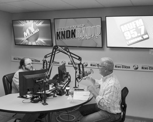 Senator Cramer being interviewed by Nick Vorlage at Simmons Multimedia Headquarters. Photo by Larry Stokke.