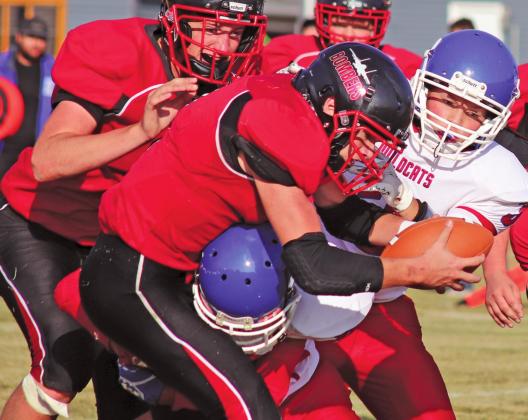 Cameron Walker gets across the end zone despite the best efforts of the Center Stanton Wildcats to stop him. VNV Photo by Lesa Van Camp