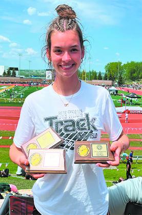 Elizabeth Fedje landed first place in the high jump, second in the 300 meter hurdles and eighth in javelin. Submitted photo.