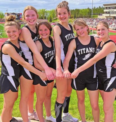 Pictured left to right is the girls 4 x 400 relay team with their alternates: Brooke Gullickson, Easton Larson, Jayce Nelson, Elizabeth Fedje, Alyssa Hoyles, and Greta Burrell. Photo provided by Drayton Public School