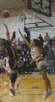 Cavalier's Emma Seng goes for the shot against DVE's Rosalyn Fedje. Photo by Jamie Rarick