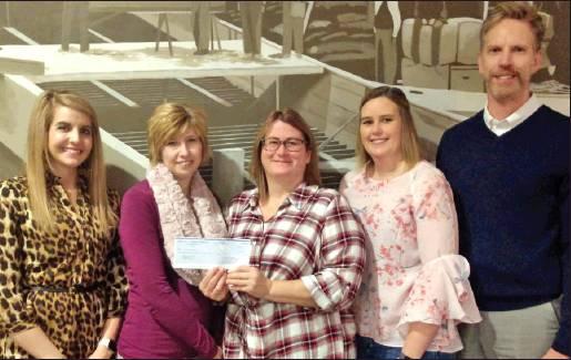 Pembina County Backpack Program (L-R): Jessi Woinarowicz, Lori Cantele and Sheri Kuznia accepting check, Dawn van der Lith and Rob Boll. Photo submitted by Drayton Area Community Foundation