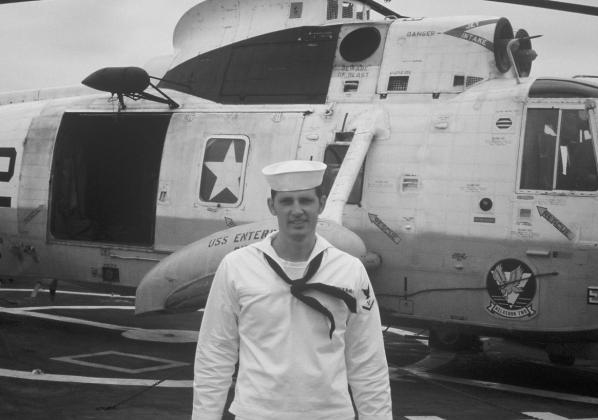 Van Camp conducting security detail during on-board negotiations. USS Worden DLG 18 Helo Ops 1972.